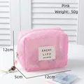 Pink mesh tofu style portable makeup organizer bag with wooden bead zipper detail - Pink