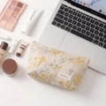 Linen cotton floral embroidery makeup bag in off-white with botanical patterns - Small Beige Linen Floral Embroidery