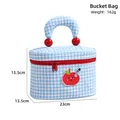 Blue plaid checkerboard cosmetic barrel bag with apple embroidery and red handle accents - Blue Plaid Bucket Bag (With Red Apple Embroidery)