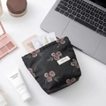 Trousse de maquillage en lin noir avec broderie florale rose et rangement intérieur - Fond Noir Fleur Rose Petit