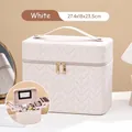 White quilted leather large cosmetic case with multi-layer folding storage and mirror - Khaki White