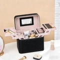 Black quilted leather makeup case with multi-layer pink folding trays and built-in mirror - Elegant Black