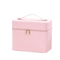 Pink quilted faux leather makeup case with gold double zippers and top handle - Rose Pink