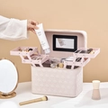Pink PU leather makeup case featuring a built-in mirror and four-tier folding trays - Four-Opening Circle Pattern (27.5X18X23.5) / Khaki White