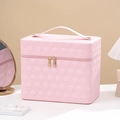Pink PU leather makeup train case with round quilted pattern and double gold zippers - Four-Opening Circle Pattern (27.5X18X23.5) / Rose Pink