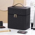 Black PU leather cosmetic case with wavy quilting and dual gold zippers for storage - Midnight Black