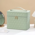 Light green quilted PU leather makeup case with round pattern and sturdy top handle - Four-Opening Circle Pattern (27.5X18X23.5) / Matcha Green