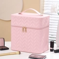Pink large capacity PU leather makeup bag with quilted V-pattern and gold metal zippers - Rose Pink