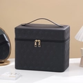 Minimalist black PU leather makeup case with quilted circular texture and top handle - Four-Opening Circle Pattern (27.5X18X23.5) / Elegant Black
