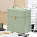 Mint green large quilted PU cosmetic box with double gold zippers and sturdy top handle - Matcha Green