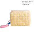 Yellow gingham quilted cosmetic bag with pink fluffy strap and 16x11x11cm dimensions - Yellow