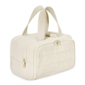 Quilted cream vanity case with multi-zipper compartments and carry handle for travel - Beige