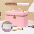 Pink cross-grain PU makeup case with LED mirror and gold double zippers for cosmetics - LED Mirror (Small) / 19.5X14X13.5 / Pink