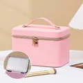 Roze PU-lederen make-up tas met LED-spiegel en gouden ritsen, 22x15x15,5cm - LED-spiegel (Middel) / 22X15X15.5 / Roze