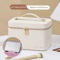 Crèmewitte PU-lederen make-up koffer met LED-spiegel en goudkleurig merklogo - LED-spiegel (Middel) / 22X15X15.5 / Wit