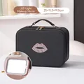 Black square makeup bag with LED mirror and sequin lip detail for travel storage - LED Light with Mirror Style / Black