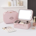 Pink leather makeup travel case with integrated LED mirror and rhinestone lip detail - LED Light with Mirror Style / Pink