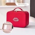 Borsa trucco rossa in pelle con labbra glitterate, specchio e grande capacità - Stile Specchio Standard / Rosso