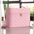Pink quilted large capacity makeup bag with gold zippers and leather handle - Pink LED 3-Color Light