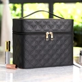 Large black diamond pattern PU leather cosmetic box with gold zippers and top handle - Black LED 3-Color Light