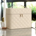 Quilted beige PU leather makeup case with reinforced top handle and gold zipper - Beige LED 3-Color Light