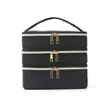 Three-layer quilted black makeup bag with large capacity and gold zippers for travel - Black