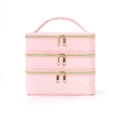 Three-layer pink quilted cosmetic bag with large capacity and golden zippers - Pink
