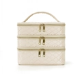 Three-layer quilted cream makeup bag with diamond stitching and gold dual zippers - Khaki