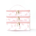 Three-layer quilted vanity bag with pink bow prints and golden double zippers - Bowknot Print