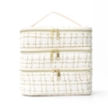 Three-layer tweed cosmetic travel bag with gold zippers and cream quilted pattern - Gold Thread White Tweed