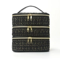 Three-layer quilted vanity bag in black tweed with gold dual-zipper closure and handle - Gold Thread Black Tweed