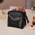 Minimalist black faux leather cloud makeup bag with gold zipper and large capacity - Shell Black