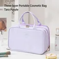 Dreilagige lavendellila Kosmetiktasche mit bestickter Schleife und zwei Griffen - Dreischichtige Fachtasche / Taroviolett