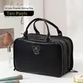 Drelagige schwarze Leder Kosmetiktasche mit goldenem Schmetterling und breitem Griff - Dreischichtige Fachtasche / Lack Schwarz