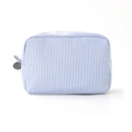 Borsa da trucco in seersucker a righe blu e bianche con cerniera superiore argentata - Blu navy