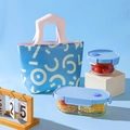 Blauwe lunchtas met geometrische print, roze handvat en twee glazen vershoudbakjes - Roze Handvat (Set)