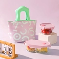 Roze en groene lunchtas met glazen vershoudbakjes en roze luchtdichte deksels - Groen Handvat (Set)