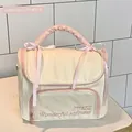Borsa cosmetica macaron bianco crema con manico a fiocco rosa e ricamo - Beige Grande