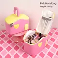 Pink and yellow house-shaped makeup bag with heart patch and top handle, size 23x14x17cm - Pink