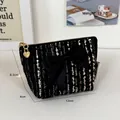 Black tweed hexagonal makeup bag with bow decoration and golden heart zipper pull - Black Small Hexagon