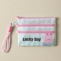 Mint green checkered travel passport bag with cute pink rabbit and lucky day print - Pink Rabbit