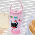Portable pink plaid insulated cup sleeve with a cute cat print and a sturdy carry handle - Zipper Style with Handle / Pink Plaid Cat