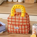 Portable lunch bag in orange plaid pattern with bright yellow thick padded handles - Orange Grid