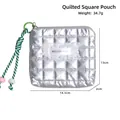 Portamonete quadrato trapuntato argento con pizzo e cordino intrecciato verde - Borsa Quadrata Argento a Griglia Goffrata