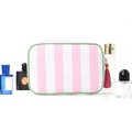 Pink and white striped canvas cosmetic bag with green piping and colorful tassel zipper - Pink