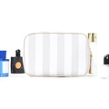 Grey and white striped cosmetic bag with bicolor tassel zipper and beige trim details - Off-White Grey