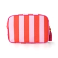 Pink and red striped canvas makeup bag with a dark red tassel keychain accessory - Red