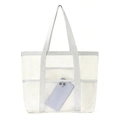 White mesh beach bag with grey straps and front pockets for phone storage - Gray