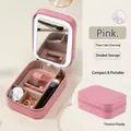 Pink portable travel jewelry and makeup box with LED mirror and three-color dimming - Pink (3-Color LED Light)