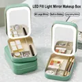 Caja de maquillaje verde menta con espejo LED, joyero integrado y acabado en cuero PU - Verde (Luz LED de 3 Colores)